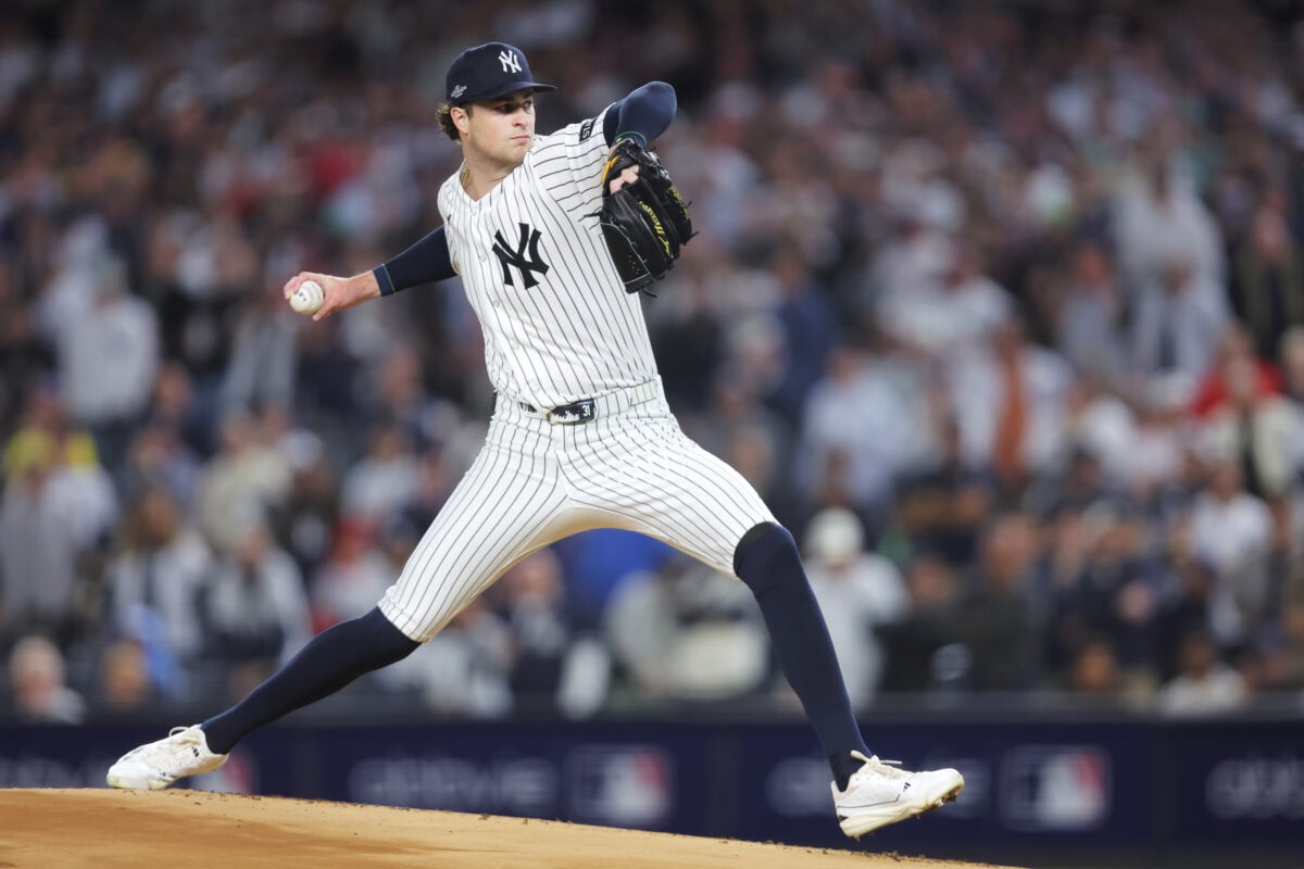 Sep 29, 2026; Bronx, New York, USA;  New York Yankees pitcher Cam Schlittler (31) pitches against the Boston Red Sox during the first inning during game one of the Wildcard round for the 2026 MLB Playoffs at Yankee Stadium.  Mandatory Credit: Brad Penner-Imagn Images