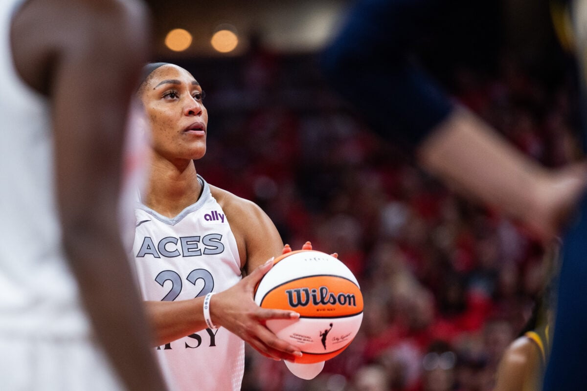 Sep 29, 2026; Indianapolis, Indiana, USA;  Las Vegas Aces center A'ja Wilson (22) shoots the ball  during game two of the first round against the Las Vegas Aces for the 2026 WNBA Playoffs against the Indiana Fever at Gainbridge Fieldhouse.  Mandatory Credit: Trevor Ruszkowski-Imagn Images