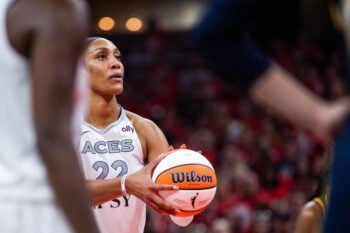 Sep 29, 2026; Indianapolis, Indiana, USA;  Las Vegas Aces center A'ja Wilson (22) shoots the ball  during game two of the first round against the Las Vegas Aces for the 2026 WNBA Playoffs against the Indiana Fever at Gainbridge Fieldhouse.  Mandatory Credit: Trevor Ruszkowski-Imagn Images