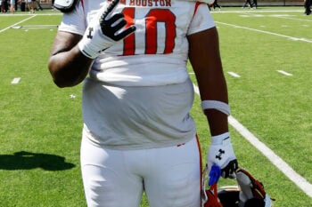 Sep 26, 2026; Lubbock, Texas, USA;  Sam Houston Bearkat defensive tackle Darien Jackson (10) after the game against the Texas Tech Red Raiders at Galaxy Stadium. Mandatory Credit: Michael C. Johnson-Imagn Images