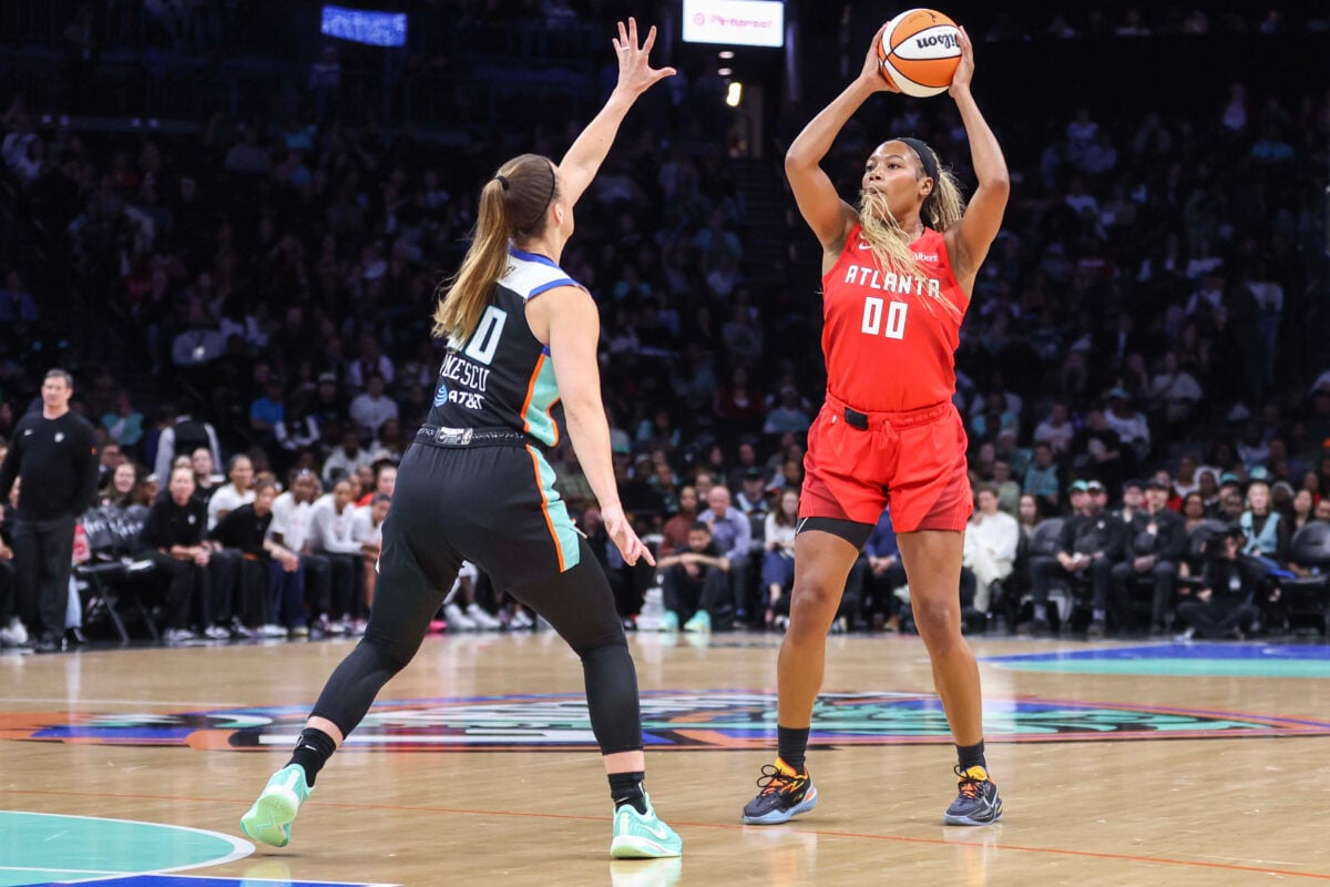 Sep 23, 2026; Brooklyn, New York, USA;  Atlanta Dream forward Naz Hilmon (00) and New York Liberty guard Sabrina Ionescu (20) during the game at Barclays Center. Mandatory Credit: Wendell Cruz-Imagn Images