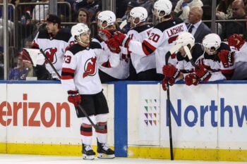 Sep 24, 2026; New York, New York, USA;  New Jersey Devils defenseman Ethan Edwards (73) during the game against the New York Rangers at Madison Square Garden. Mandatory Credit: Wendell Cruz-Imagn Images