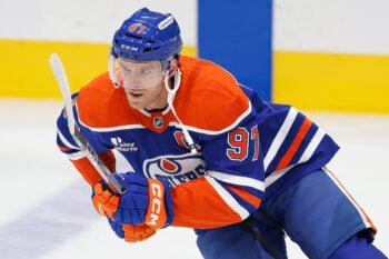 Sep 26, 2026; Edmonton, Alberta, CAN; Edmonton Oilers forward Connor McDavid (97) skates during warmup against the Calgary Flames at Rogers Place. Mandatory Credit: Perry Nelson-Imagn Images