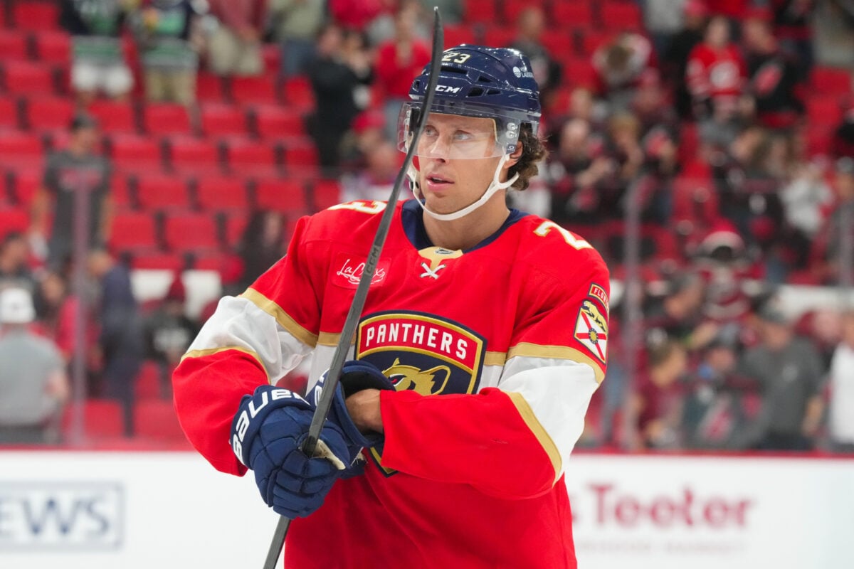 Sep 22, 2026; Raleigh, North Carolina, USA; Florida Panthers center Carter Verhaeghe (23) comes off the ice after their loss to the Carolina Hurricanes at Lenovo Center. Mandatory Credit: James Guillory-Imagn Images