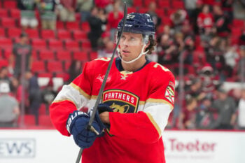 Sep 22, 2026; Raleigh, North Carolina, USA;  Florida Panthers center Carter Verhaeghe (23) comes off the ice after their loss to the Carolina Hurricanes at Lenovo Center. Mandatory Credit: James Guillory-Imagn Images