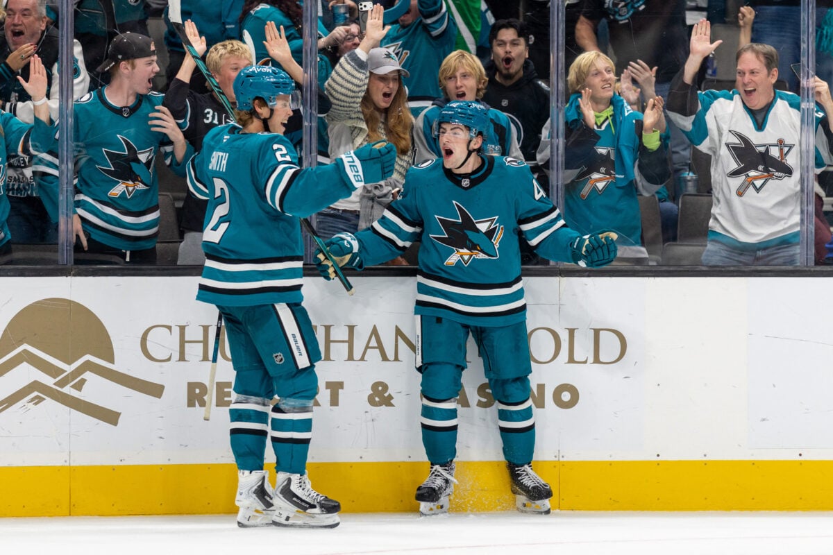 Oct 1, 2026; San Jose, California, USA;  San Jose Sharks defenseman Luca Cagnoni (42) celebrates scoring in overtime against the Florida Panthers at SAP Center at San Jose.  Mandatory Credit: Bob Kupbens-Imagn Images