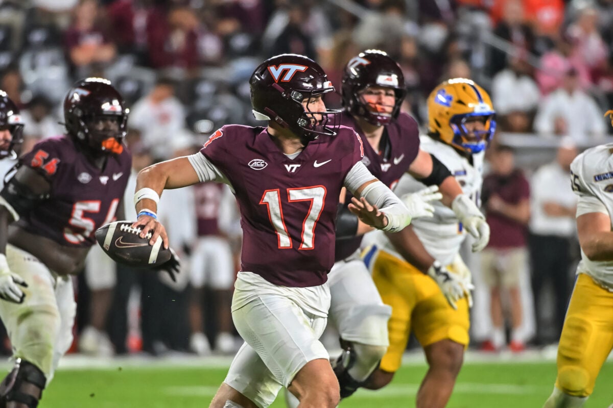 Oct 2, 2026; Blacksburg, Virginia, USA; Virginia Tech Hokies quarterback Ethan Grunkemeyer (17) throws a pass during the fourth quarter against the Pittsburgh Panthers at Lane Stadium. Mandatory Credit: Brian Bishop-Imagn Images