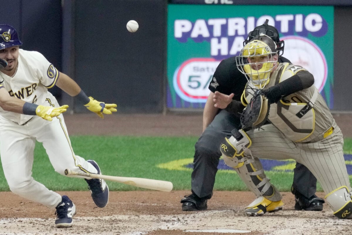 Milwaukee Brewers third baseman David Hamilton (6) hits a bunt single during the fourth inning of their game against the San Diego Padres Tuesday, May 12, 2026 at American Family Field in Milwaukee, Wisconsin.