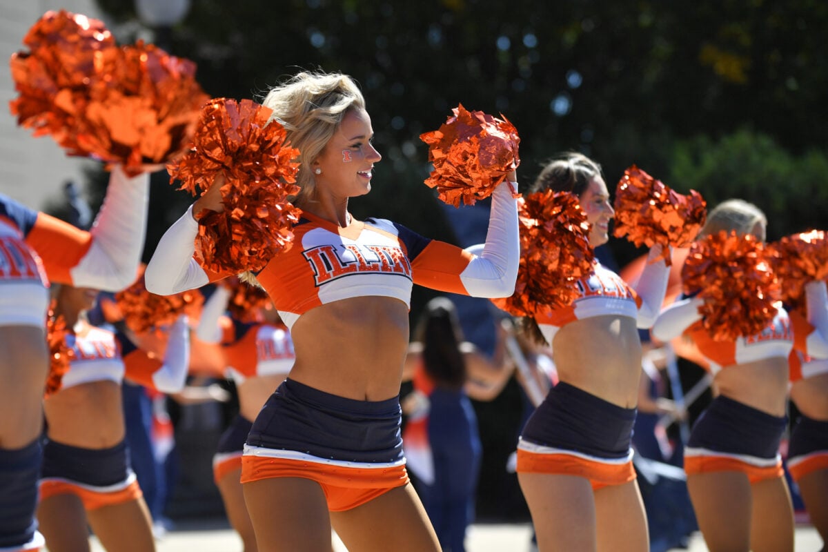 Oct 3, 2026; Champaign, Illinois, USA; Members of the Illinittes dance team performs before a game against the Purdue Boilermakers at Gies Memorial Stadium. Mandatory Credit: Ron Johnson-Imagn Images