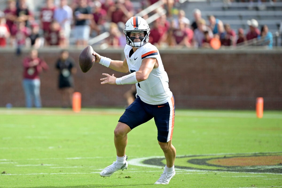 Oct 3, 2026; Tallahassee, Florida, USA;  Virginia Cavaliers quarterback Beau Pribula (7) throws the ball during the first quarter of the game against the Florida State Seminoles at Doak S. Campbell Stadium.  Mandatory Credit: Melina Myers-Imagn Images