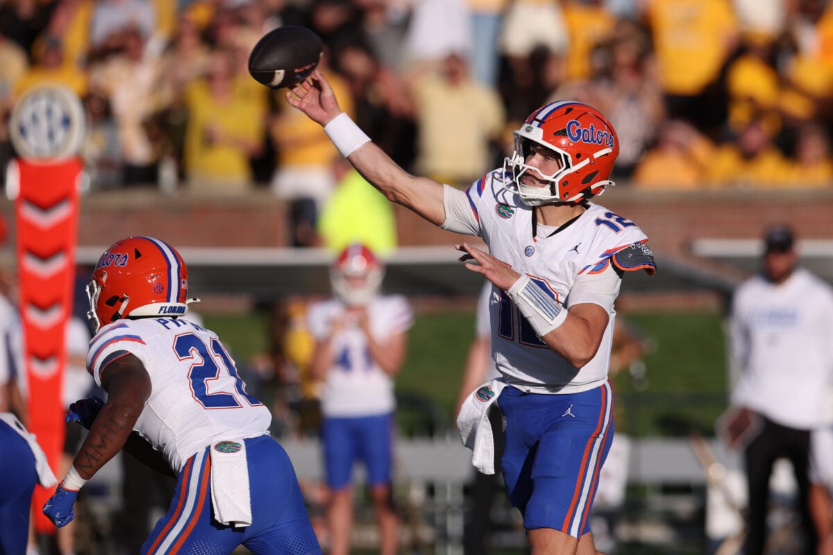Oct 3, 2026; Columbia, Missouri, USA; Florida Gators quarterback Aaron Philo (12) throws in the fourth quarter against the Missouri Tigers at Faurot Field at Memorial Stadium. Mandatory Credit: William Purnell-Imagn Images