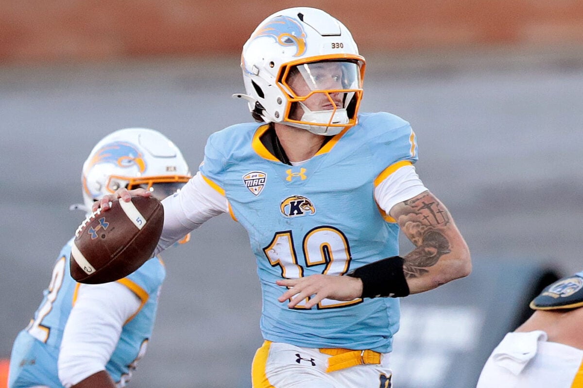 Kent State quarterback Dru DeShields looks to throw down field against Ohio during conference action at Dix Stadium Saturday afternnoon, October 3, 2026. Ed Hall Jr. / Special To The Akron Beacon Journal