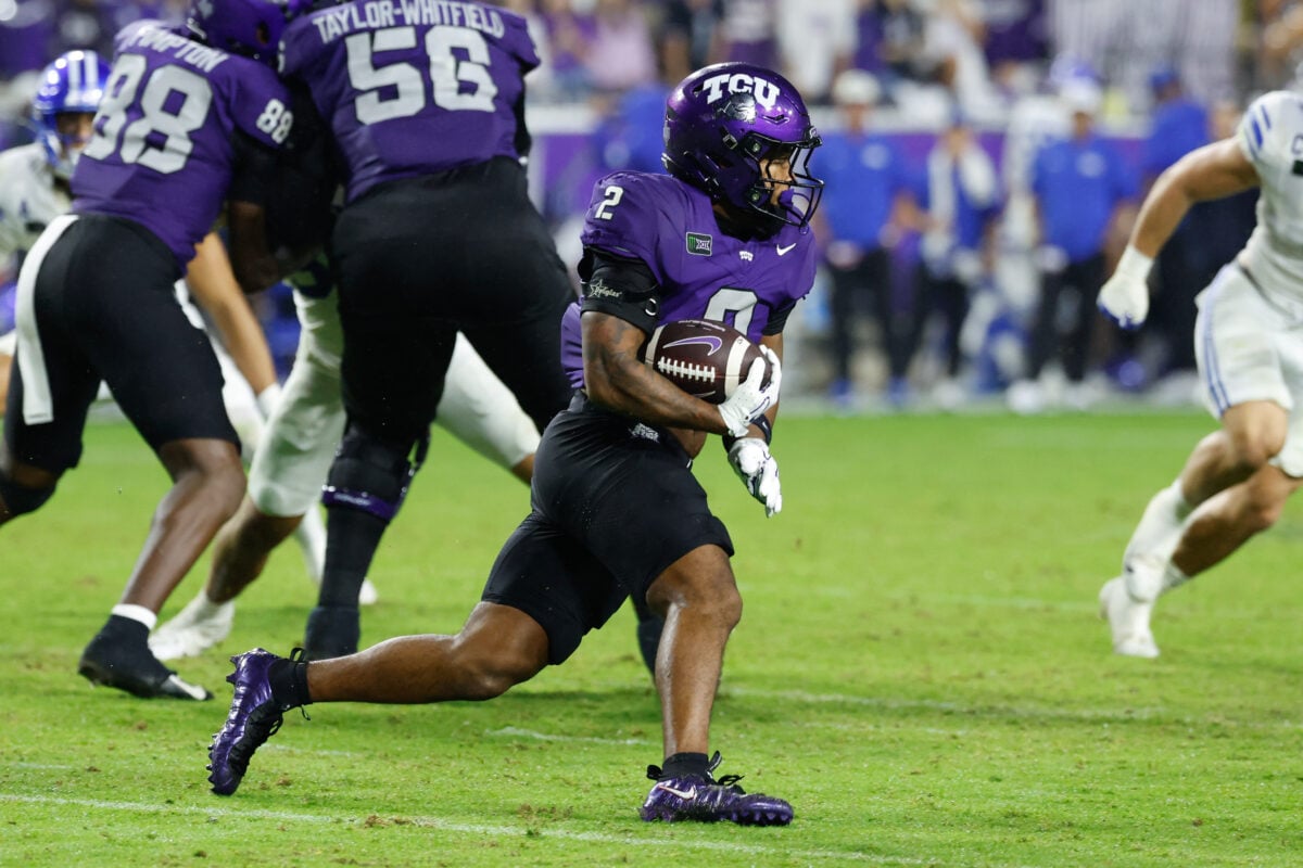 Oct 3, 2026; Fort Worth, Texas, USA;  TCU Horned Frogs running back Jon Denman (2) runs with the ball against the BYU Cougars during the second half at Amon G. Carter Stadium.  Mandatory Credit: Chris Jones-Imagn Images