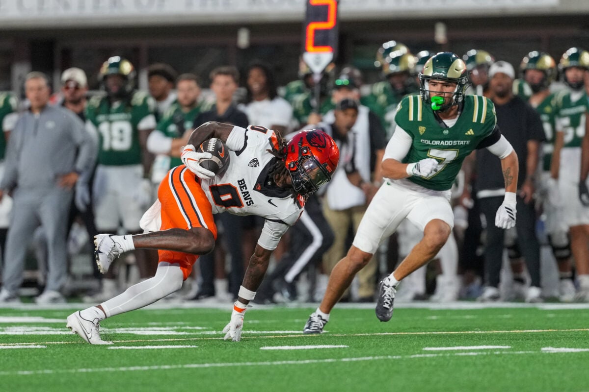 Oct 3, 2026; Fort Collins, Colorado, USA;  Colorado State Rams cornerback Jordan Lessard (7) pursues Oregon State Beavers wide receiver Aaron Butler (0) at Sonny Lubick Field at Canvas Stadium.  Mandatory Credit: Andrew Rydland-Imagn Images