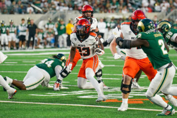 Oct 3, 2026; Fort Collins, Colorado, USA;  Oregon State Beavers running back AJ Newberry (23) runs the ball against the Colorado State Rams in the second half at Sonny Lubick Field at Canvas Stadium.  Mandatory Credit: Andrew Rydland-Imagn Images
