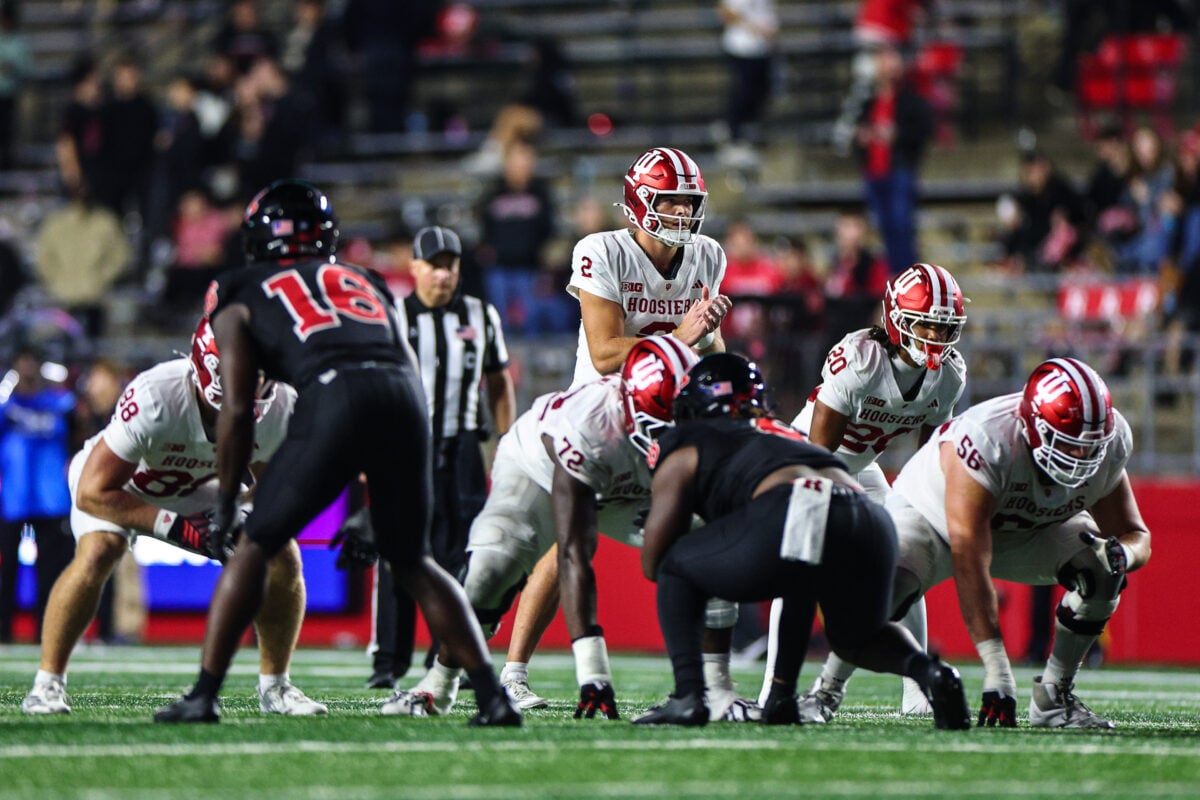 Oct 3, 2026; Piscataway, New Jersey, USA; Indiana Hoosiers quarterback Grant Wilson (2) signals during the second half against the Rutgers Scarlet Knights at SHI Stadium. Mandatory Credit: Vincent Carchietta-Imagn Images