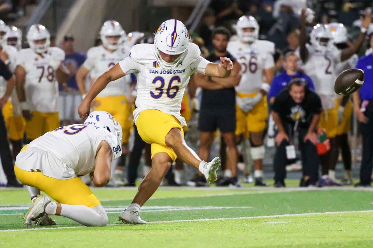 Oct 3, 2026; Honolulu, Hawaii, USA;  San Jose State Spartans place kicker Trajan Sinatra (36) makes a field goal against the Hawaii Rainbow Warriors during the third quarter at the Clarence T.C. Ching Athletics Complex.  Mandatory Credit: Marco Garcia-Imagn Images