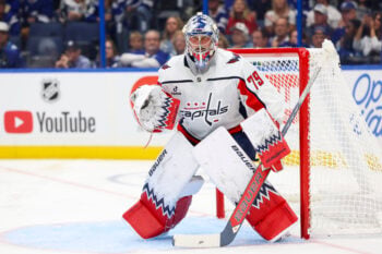 Oct 3, 2026; Tampa, Florida, USA; Washington Capitals goaltender Charlie Lindgren (79) looks onagainst the Tampa Bay Lightning in the first period at Benchmark International Arena. Mandatory Credit: Nathan Ray Seebeck-Imagn Images