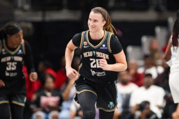 Oct 4, 2026; Atlanta, Georgia, USA; New York Liberty guard Sabrina Ionescu (20) reacts after a basket against the Atlanta Dream in the third quarter during game one of the second round for the 2026 WNBA Playoffs at State Farm Arena. Mandatory Credit: Brett Davis-Imagn Images