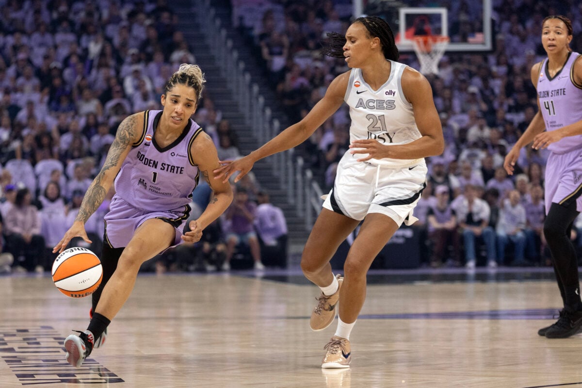 Oct 4, 2026; San Francisco, California, USA;  Golden State Valkyries forward Gabby Williams (1) drives around Las Vegas Aces forward Brianna Turner (21) during the first quarter of game one of the second round for the 2026 WNBA Playoffs at Chase Center.  Mandatory Credit: D. Ross Cameron-Imagn Images