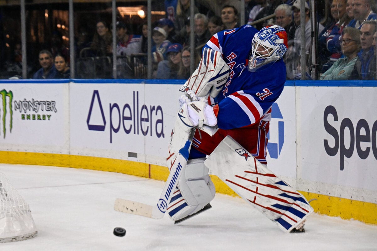 Oct 4, 2026; New York, New York, USA; New York Rangers goaltender Igor Shesterkin (31) attempts a shot against the Utah Mammoth during the third period at Madison Square Garden. Mandatory Credit: Dennis Schneidler-Imagn Images