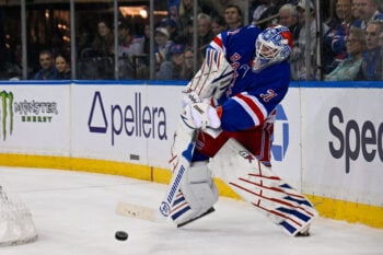 Oct 4, 2026; New York, New York, USA;  New York Rangers goaltender Igor Shesterkin (31) attempts a shot against the Utah Mammoth during the third period at Madison Square Garden.  Mandatory Credit: Dennis Schneidler-Imagn Images