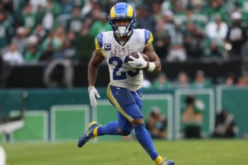 Oct 4, 2026; Philadelphia, Pennsylvania, USA; Los Angeles Rams running back Kyren Williams (23) in action against the Philadelphia Eagles at Lincoln Financial Field. Mandatory Credit: Bill Streicher-Imagn Images