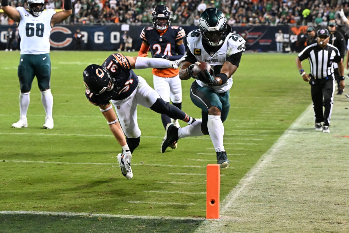 Sep 28, 2026; Chicago, Illinois, USA; Philadelphia Eagles running back Saquon Barkley (26) runs against Chicago Bears safety Dillon Thieneman (31) during the first half at Soldier Field. Mandatory Credit: Matt Marton-Imagn Images