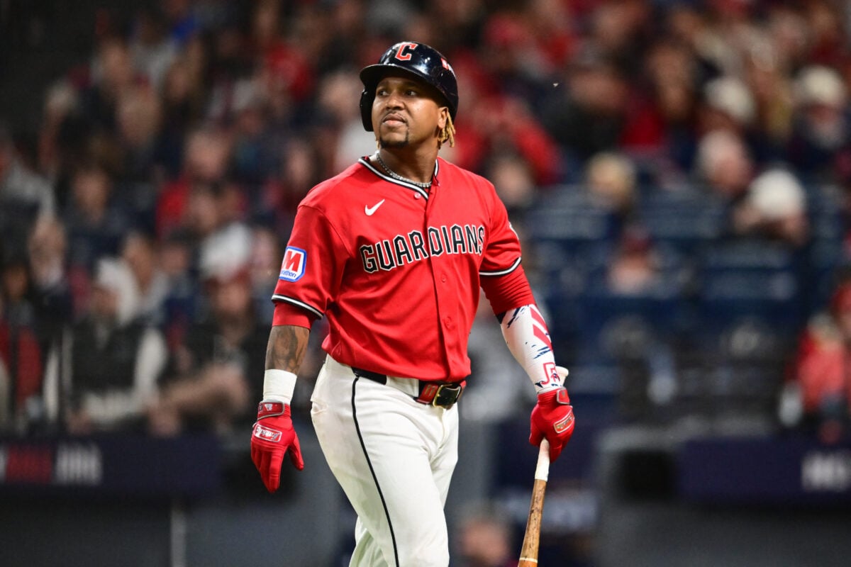 Oct 5, 2026; Cleveland, Ohio, USA; Cleveland Guardians third baseman Jose Ramirez (11) reacts after striking out against the Chicago White Sox during the eighth inning in game two of the ALDS for the 2026 MLB Playoffs at Progressive Field. Mandatory Credit: Ken Blaze-Imagn Images