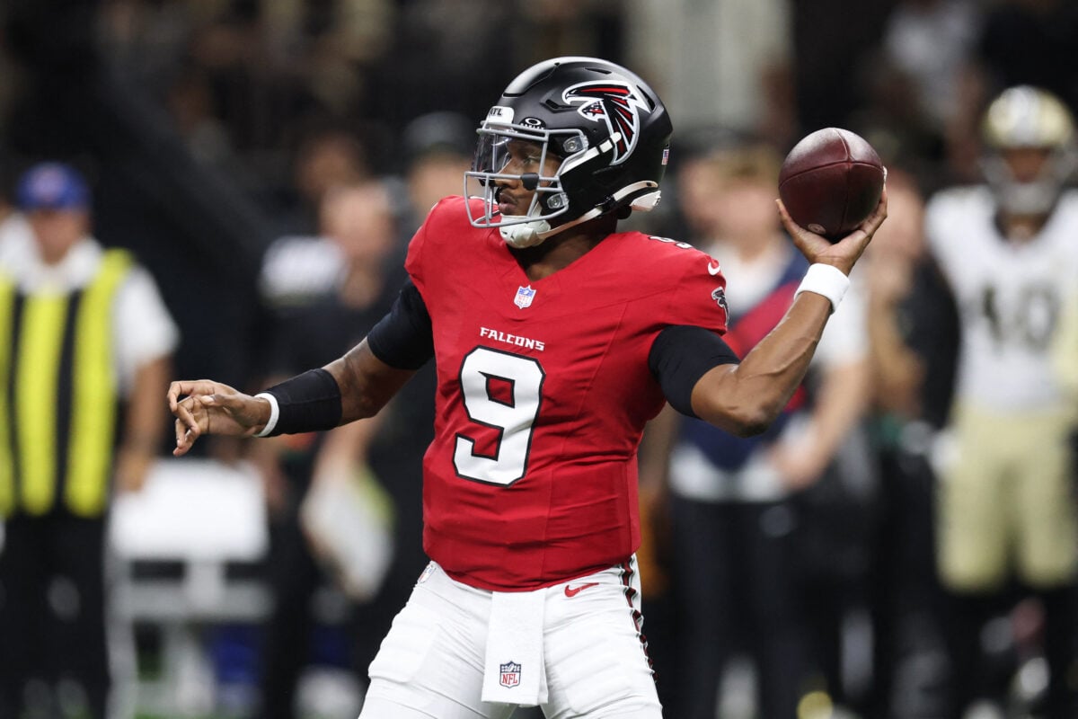 Oct 5, 2026; New Orleans, Louisiana, USA;  Atlanta Falcons quarterback Michael Penix Jr. (9) passes against the New Orleans Saints during the first half at Caesars Superdome.  Mandatory Credit: Stephen Lew-Imagn Images