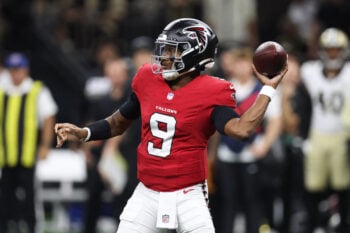 Oct 5, 2026; New Orleans, Louisiana, USA;  Atlanta Falcons quarterback Michael Penix Jr. (9) passes against the New Orleans Saints during the first half at Caesars Superdome.  Mandatory Credit: Stephen Lew-Imagn Images