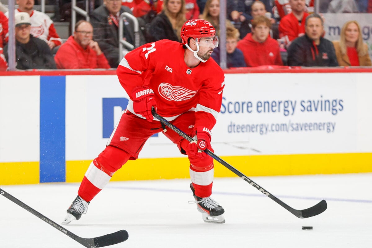 Oct 6, 2026; Detroit, Michigan, USA;  Detroit Red Wings center Dylan Larkin (71) handles the puck during the second period against the Ottawa Senators at Little Caesars Arena.  Mandatory Credit: Brian Bradshaw Sevald-Imagn Images