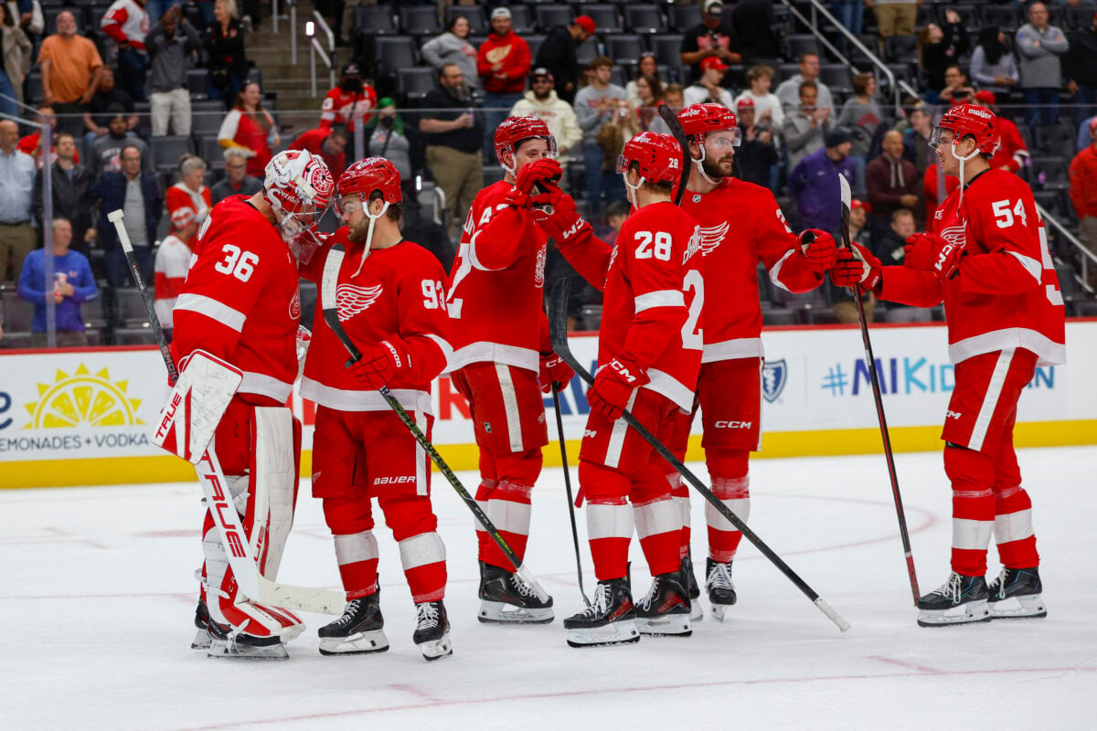 Oct 6, 2026; Detroit, Michigan, USA;  The Detroit Red Wings celebrate their win over the Ottawa Senators at Little Caesars Arena.  Mandatory Credit: Brian Bradshaw Sevald-Imagn Images