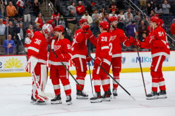Oct 6, 2026; Detroit, Michigan, USA;  The Detroit Red Wings celebrate their win over the Ottawa Senators at Little Caesars Arena.  Mandatory Credit: Brian Bradshaw Sevald-Imagn Images