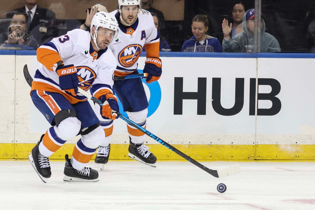 Oct 6, 2026; New York, New York, USA; New York Islanders center Casey Cizikas (53) chases after the puck in the third period against the New York Rangers at Madison Square Garden. Mandatory Credit: Wendell Cruz-Imagn Images