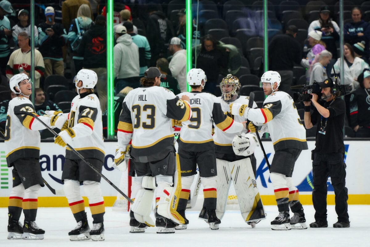 Oct 6, 2026; Seattle, Washington, USA; The Vegas Golden Knights celebrate after defeating the Seattle Kraken at Climate Pledge Arena. Mandatory Credit: Steven Bisig-Imagn Images