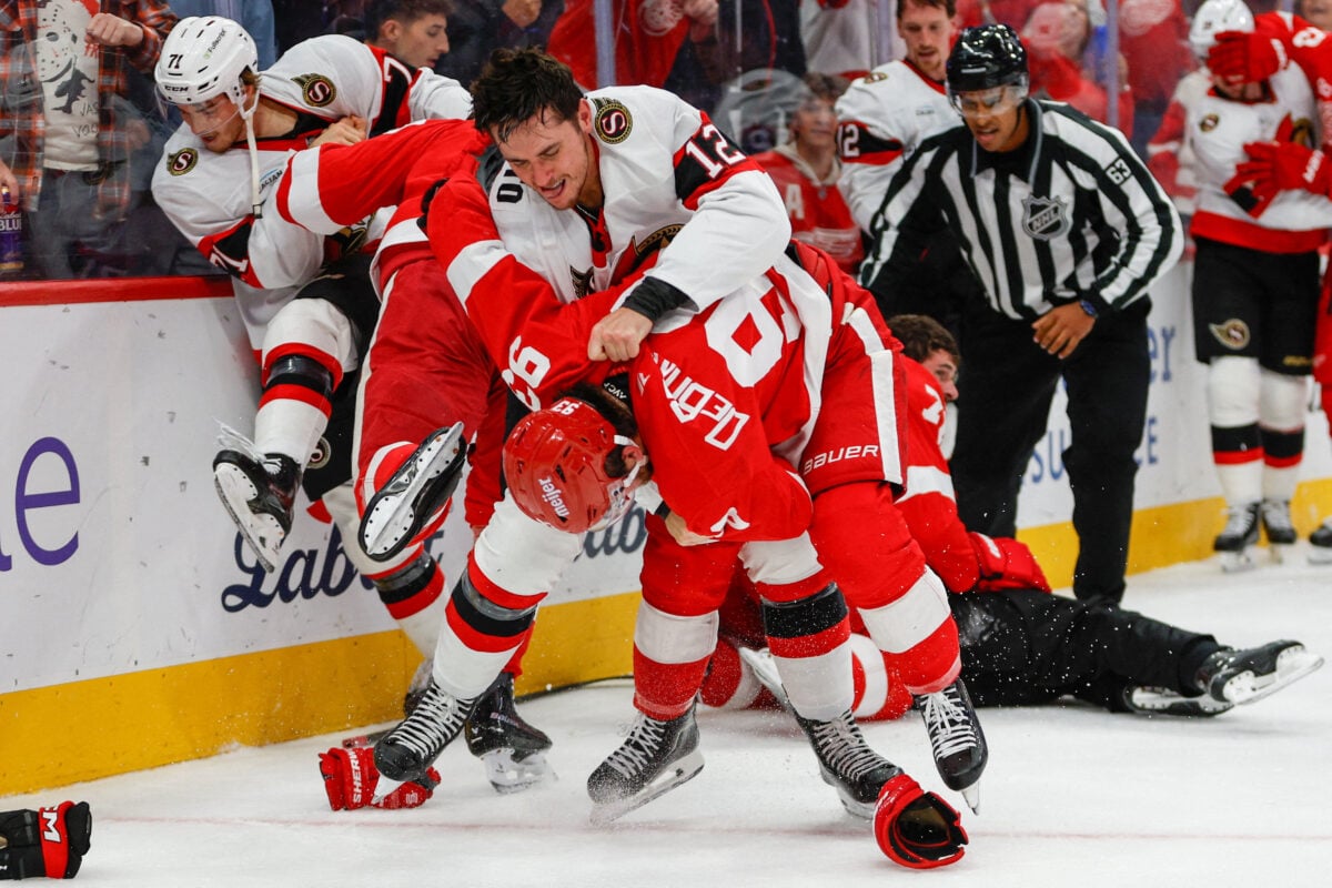 Oct 6, 2026; Detroit, Michigan, USA;  Detroit Red Wings right wing Alex DeBrincat (93) and Ottawa Senators center Shane Pinto (12) fight during the second period at Little Caesars Arena.  Mandatory Credit: Brian Bradshaw Sevald-Imagn Images     TPX IMAGES OF THE DAY