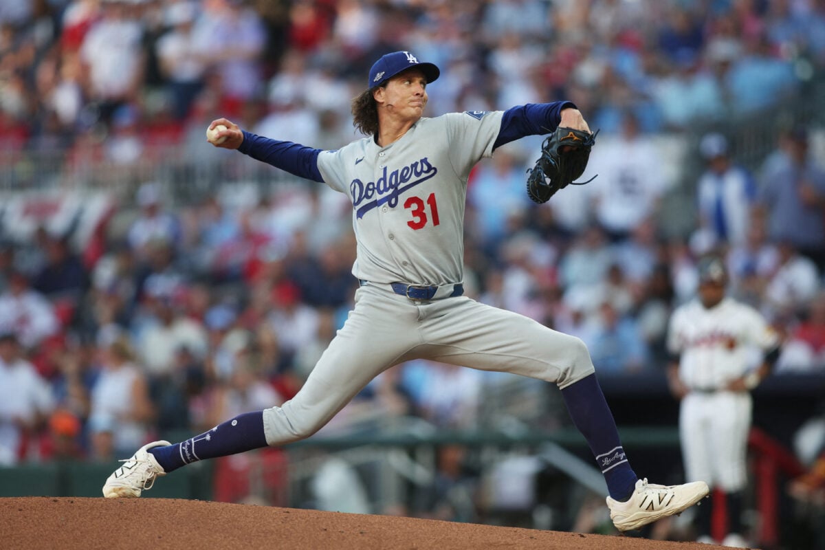 Oct 7, 2026; Cumberland, Georgia, USA;  Los Angeles Dodgers pitcher Tyler Glasnow (31) pitches against the Atlanta Braves during the first inning in game four of the NLDS for the 2026 MLB Playoffs at Truist Park.  Mandatory Credit: Brett Davis-Imagn Images