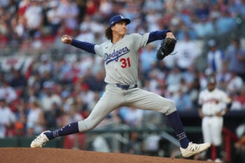 Oct 7, 2026; Cumberland, Georgia, USA;  Los Angeles Dodgers pitcher Tyler Glasnow (31) pitches against the Atlanta Braves during the first inning in game four of the NLDS for the 2026 MLB Playoffs at Truist Park.  Mandatory Credit: Brett Davis-Imagn Images
