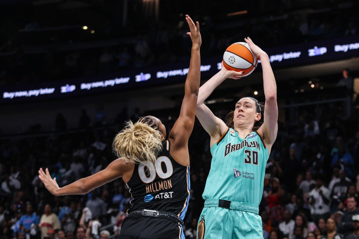Oct 7, 2026; Atlanta, Georgia, USA;  New York Liberty forward Breanna Stewart (30) shoots the ball against Atlanta Dream forward Naz Hillmon (00) during overtime during game two of the second round for the 2026 WNBA Playoffs at State Farm Arena.  Mandatory Credit: Jordan Godfree-Imagn Images