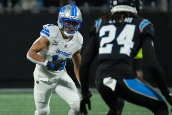 Oct 4, 2026; Charlotte, North Carolina, USA;  Detroit Lions wide receiver Amon-Ra St. Brown (14) during the first against the Carolina Panthers half at Bank of America Stadium. Mandatory Credit: Jim Dedmon-Imagn Images