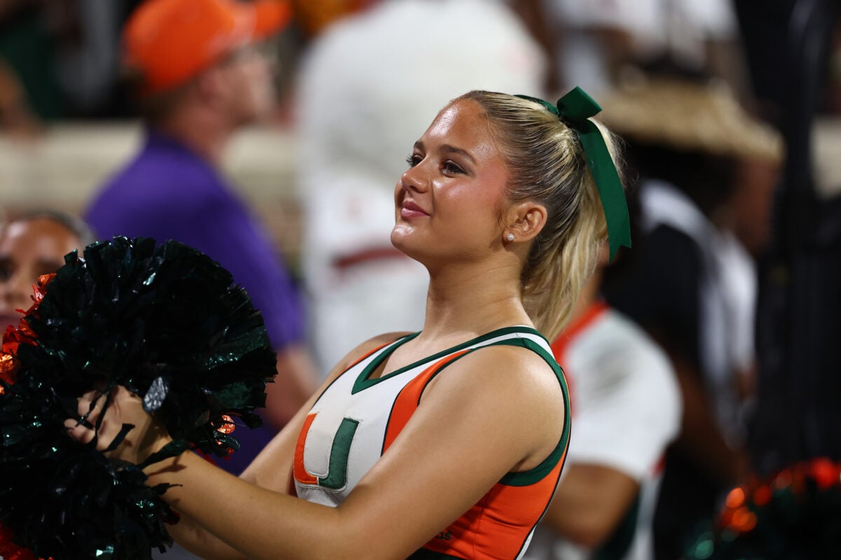 Oct 3, 2026; Clemson, South Carolina, USA; Miami Hurricanes Cheerleader on the sideline during the first quarter against the Miami Hurricanes at Memorial Stadium. Mandatory Credit: Ashley Tumlin-Imagn Images