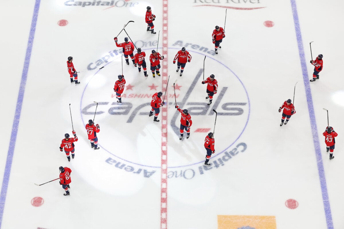 Oct 7, 2026; Washington, District of Columbia, USA; Washington Capitals players salute the fans after their game against the Pittsburgh Penguins at Capital One Arena. Mandatory Credit: Geoff Burke-Imagn Images