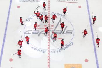 Oct 7, 2026; Washington, District of Columbia, USA; Washington Capitals players salute the fans after their game against the Pittsburgh Penguins at Capital One Arena. Mandatory Credit: Geoff Burke-Imagn Images