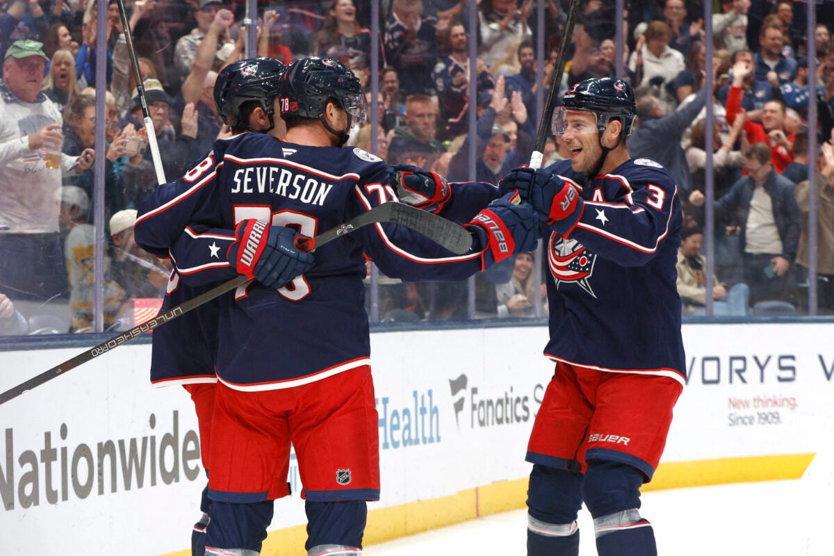 Oct 9, 2026; Columbus, Ohio, USA;  Columbus Blue Jackets defenseman Damon Severson (78) celebrates his goal against the Pittsburgh Penguins during the first period at Nationwide Arena.  Mandatory Credit: Russell LaBounty-Imagn Images