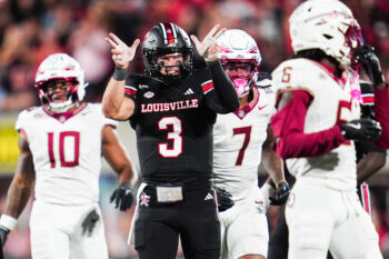 Louisville Cardinals quarterback Lincoln Kienholz (3) celebrates his first down in the first half against Florida State during ACC college football at L&N Stadium in Louisville, Kentucky. Oct. 9, 2026.
