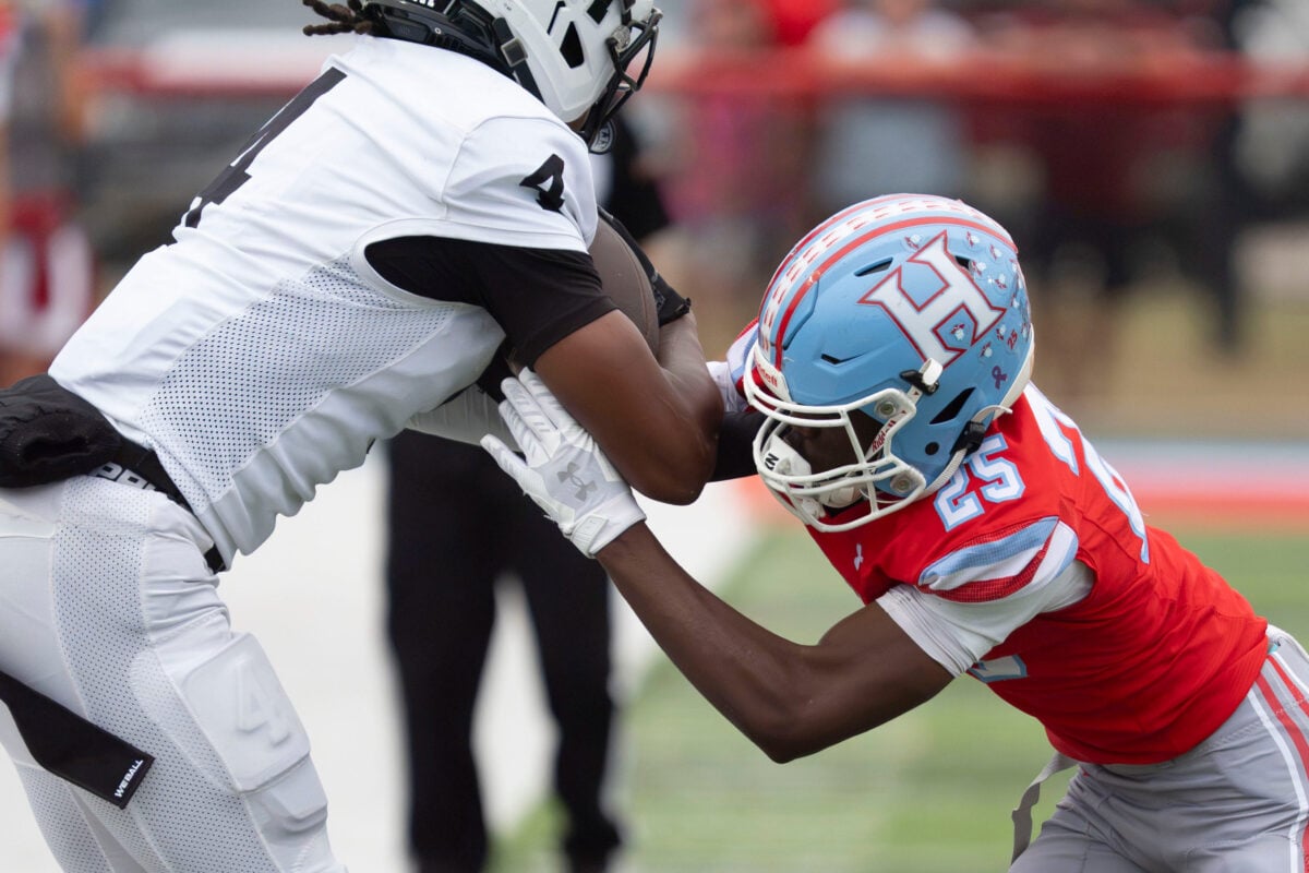 Oct. 9, 2026; Tuscaloosa, AL, USA; Hillcrest's Jaylin Bennett (25) pushes McAdory’s Carter Feagin (4) out of bounds at Hillcrest High.