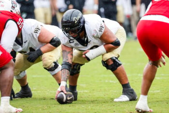 Oct 10, 2026; Raleigh, North Carolina, USA;  Wake Forest Demon Deacons offensive lineman Will Way (70) prepares to hike the football during the second half of the game against NC State Wolfpack at Carter-Finley Stadium.  Mandatory Credit: Jaylynn Nash-Imagn Images
