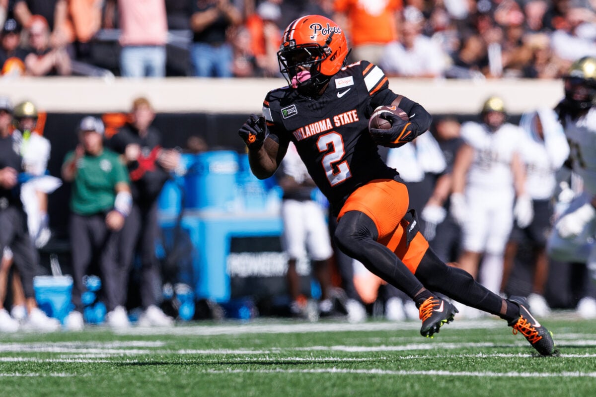 Oct 10, 2026; Stillwater, Oklahoma, USA;  Oklahoma State Cowboys wide receiver Chris Barnes (2) runs the ball after a reception during the second half against the UCF Knights at Boone Pickens Stadium.  Mandatory Credit: William Purnell-Imagn Images