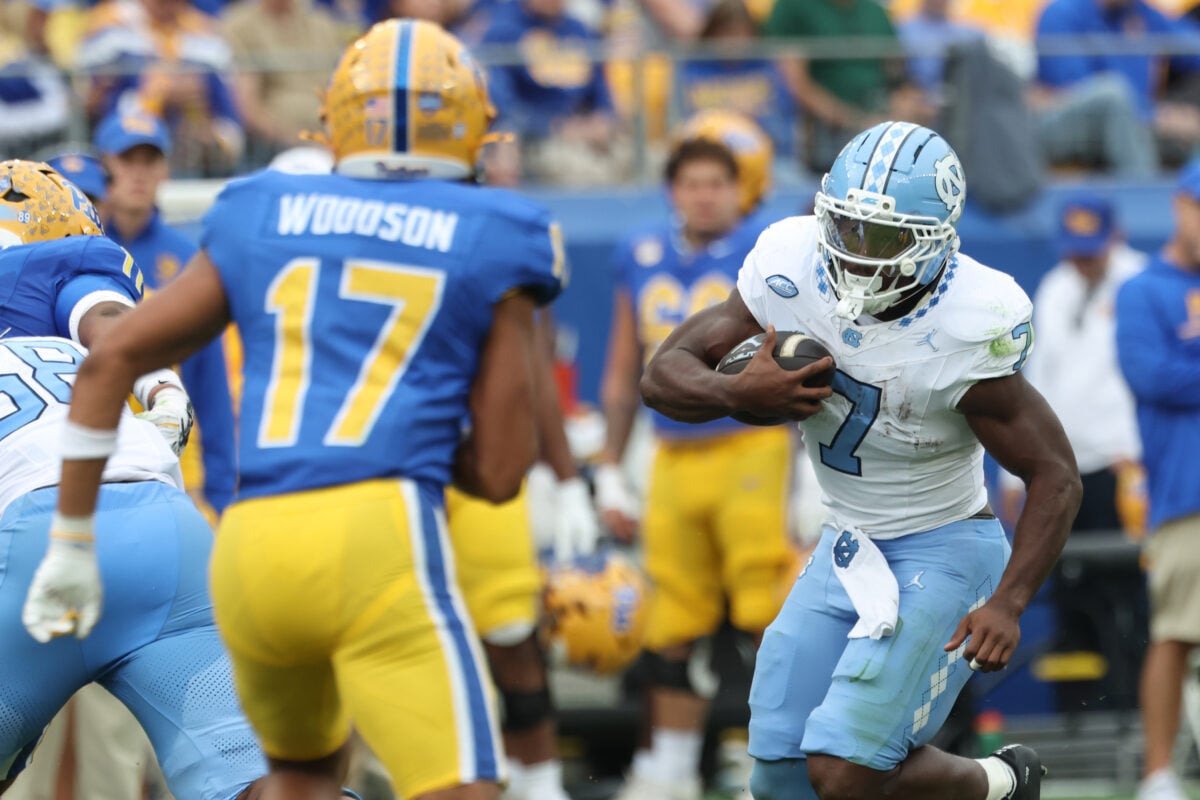 Oct 10, 2026; Pittsburgh, Pennsylvania, USA; North Carolina Tar Heels running back Benjamin Hall (7) runs the ball against the Pittsburgh Panthers during the third quarter at Acrisure Stadium. Mandatory Credit: Charles LeClaire-Imagn Images